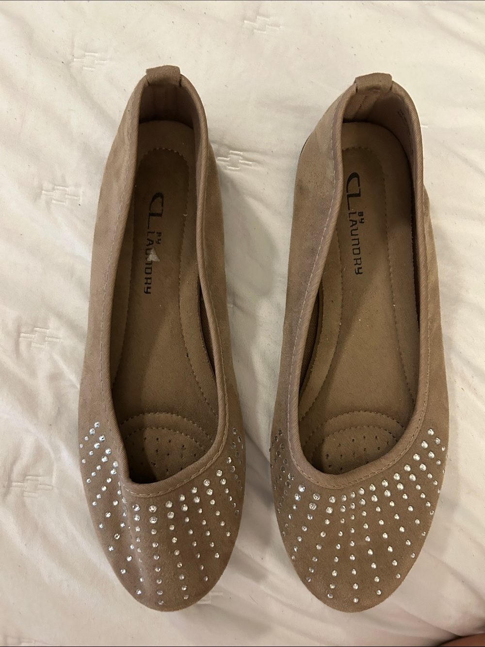 CL by Laundry Taupe Suede Flats with Rhinestone Studs